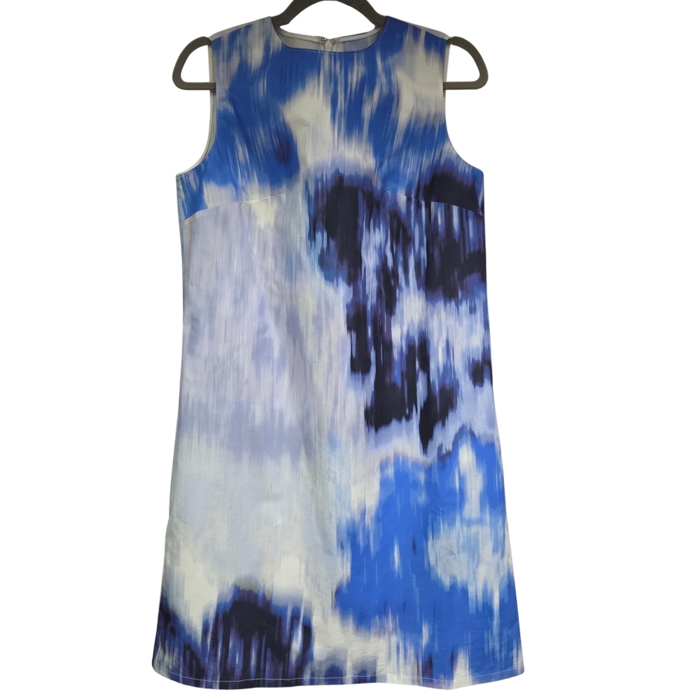 CAROLINA HERRERA Monochrome Ikat Blue Gray White Shift Sleeveless Dress Size 8
